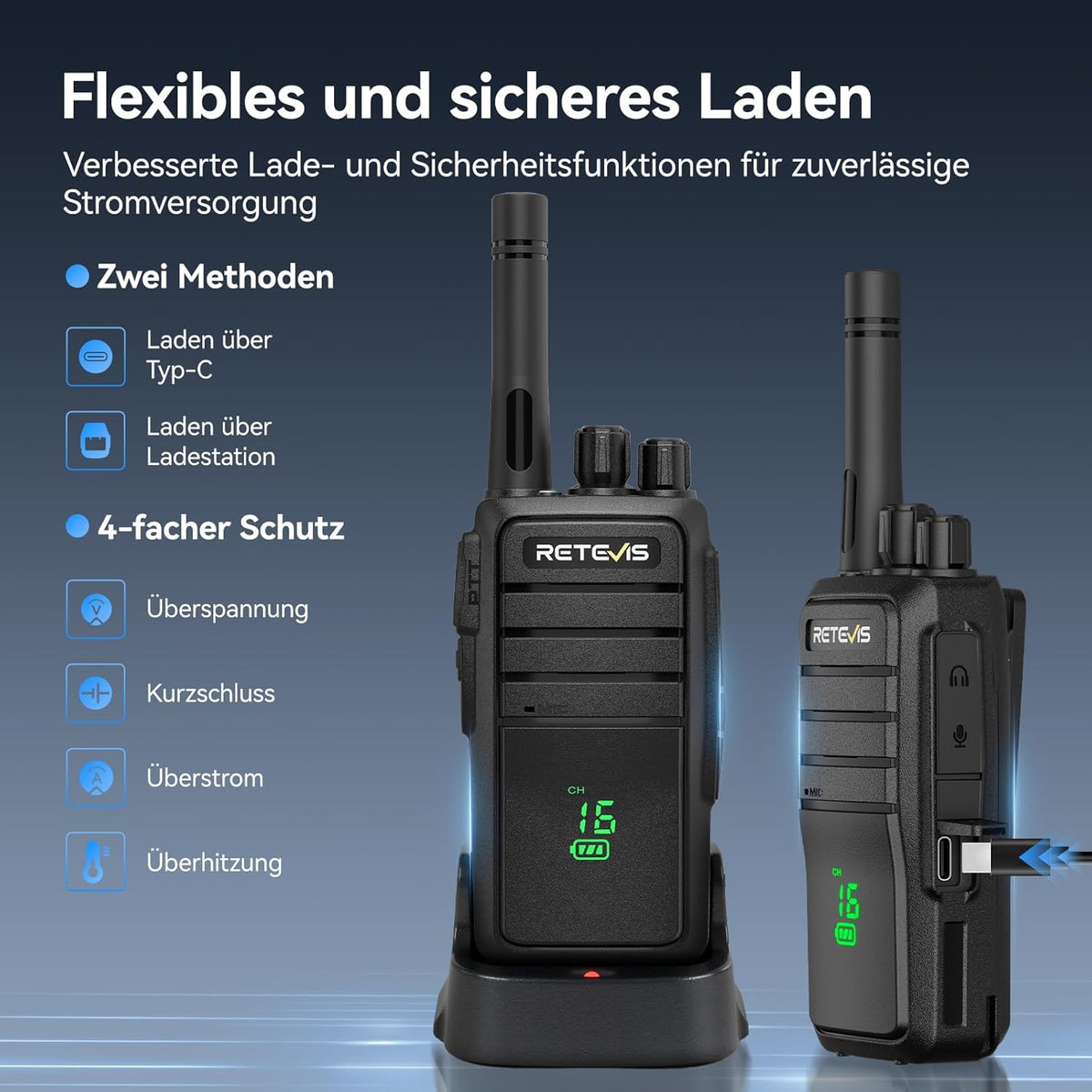 Retevis RT21H Walkie Talkies, IP54 waterbestendige portofoon, robuust, onzichtbaar scherm, USB-C-oplaadfunctie, PMR446, gebruiksvriendelijke portofoons met groot bereik voor fabrieken en de bouwsector