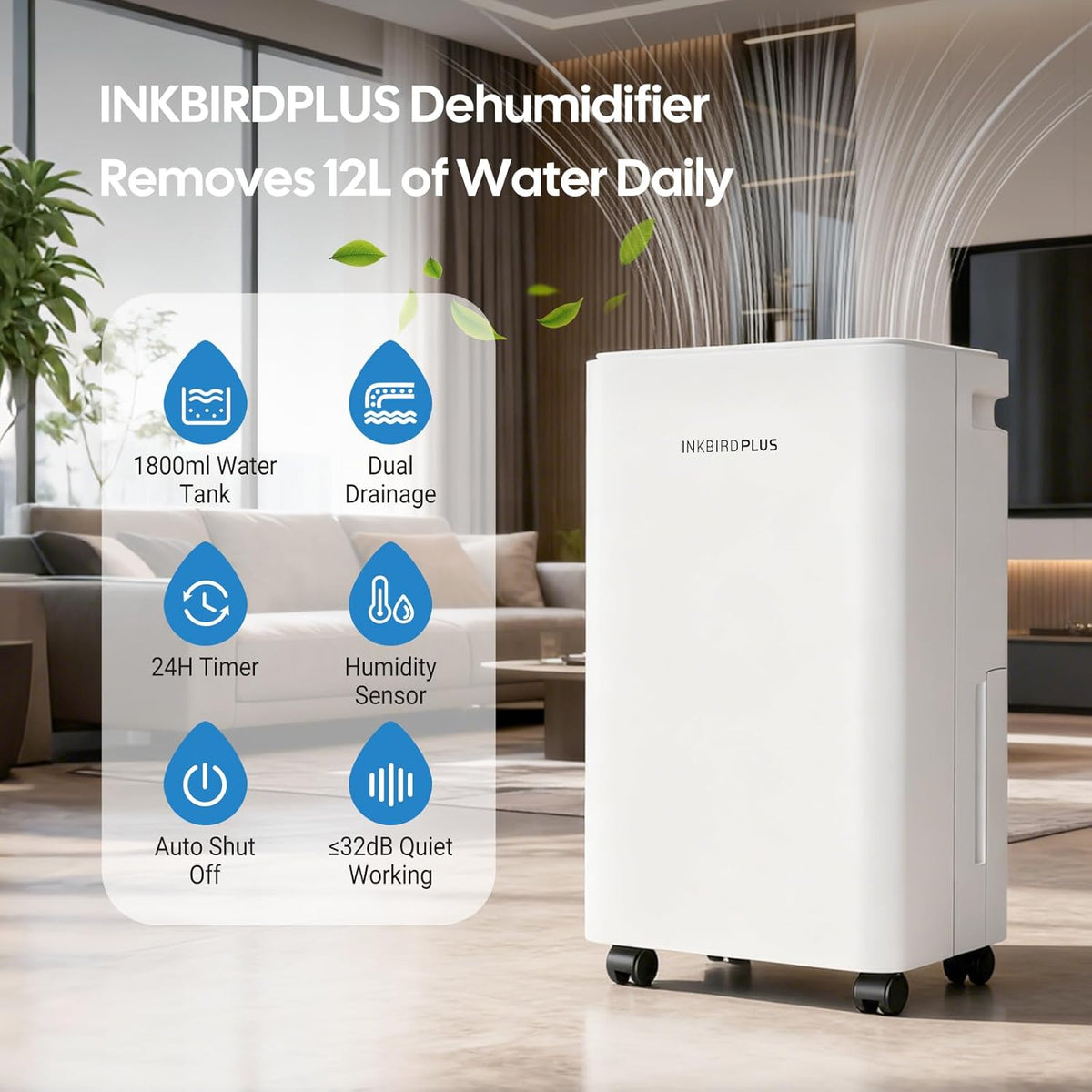 INKBIRDPLUS Home Dehumidifier, 12L/D Dehumidifier, 1800ml Water Tank, 3 Levels, Automatic Defrost, Timer and Child Lock, for Bedroom, Baby Room, Wardrobe, Closet, Basement