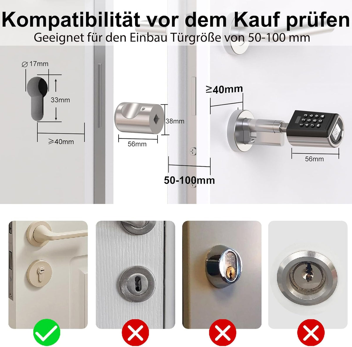 WELOCK PBL Elektronisch deurslot, deurslotcode met app, instelbare elektronische deursluitcilinder voor deurdiktes van 50-100 mm, elektronisch deurslot, huisdeur, zilver, SmartLock