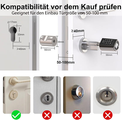 WELOCK PBL Elektronisch deurslot, deurslotcode met app, instelbare elektronische deursluitcilinder voor deurdiktes van 50-100 mm, elektronisch deurslot, huisdeur, zilver, SmartLock