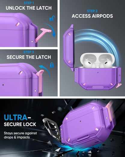 MoKo Case Compatible with AirPods Pro 3 Case with Secure Lock - IP68 Waterproof & Military-Grade Cover for iPods Pro 3, Protective Earpods Pro 3 Cover with Keychain, Phone Stand & Cleaner Kit, Purple
