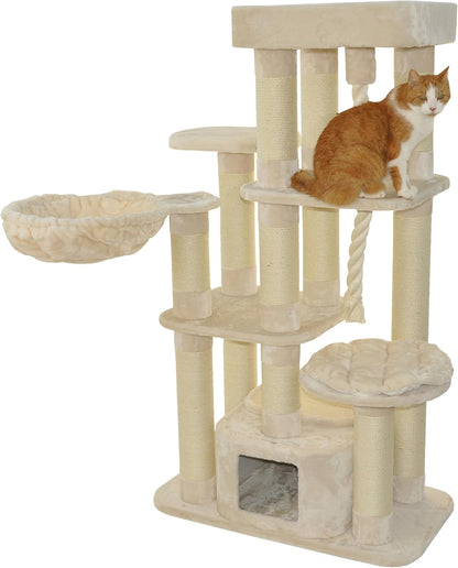 Krabpaal – Krabboom – Kattenboom – Kattenkrabpaal – Kattenmeubel – Extra Groot Ligvlak – Robuust Sisal & Hout – 158 x 85 x 49 cm – Beige