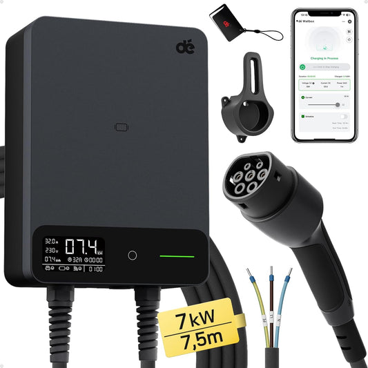 dé Wallbox 7,4kW [7,5m, 6-32A, 1-Fase] EV Oplader 7,4kW met APP en RFID, EV-laadstation met Aardlekschakelaar Type B en IP54 Bescherming, voor BEV/PHEV, Zwart