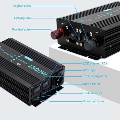 Spanningsomvormer, 1500 W/3000 W, zuivere sinusomvormer, DC 12 V naar AC 230 V, EU-stopcontact, dubbele lcd-digitale displayconverter
