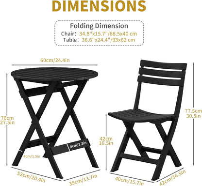 Opvouwbare bistroset, opvouwbare outdoor cafétafel en stoelen voor 2 kleine meubels, 3-delige veranda, achtertuin, balkon, tuin, terras, zwart