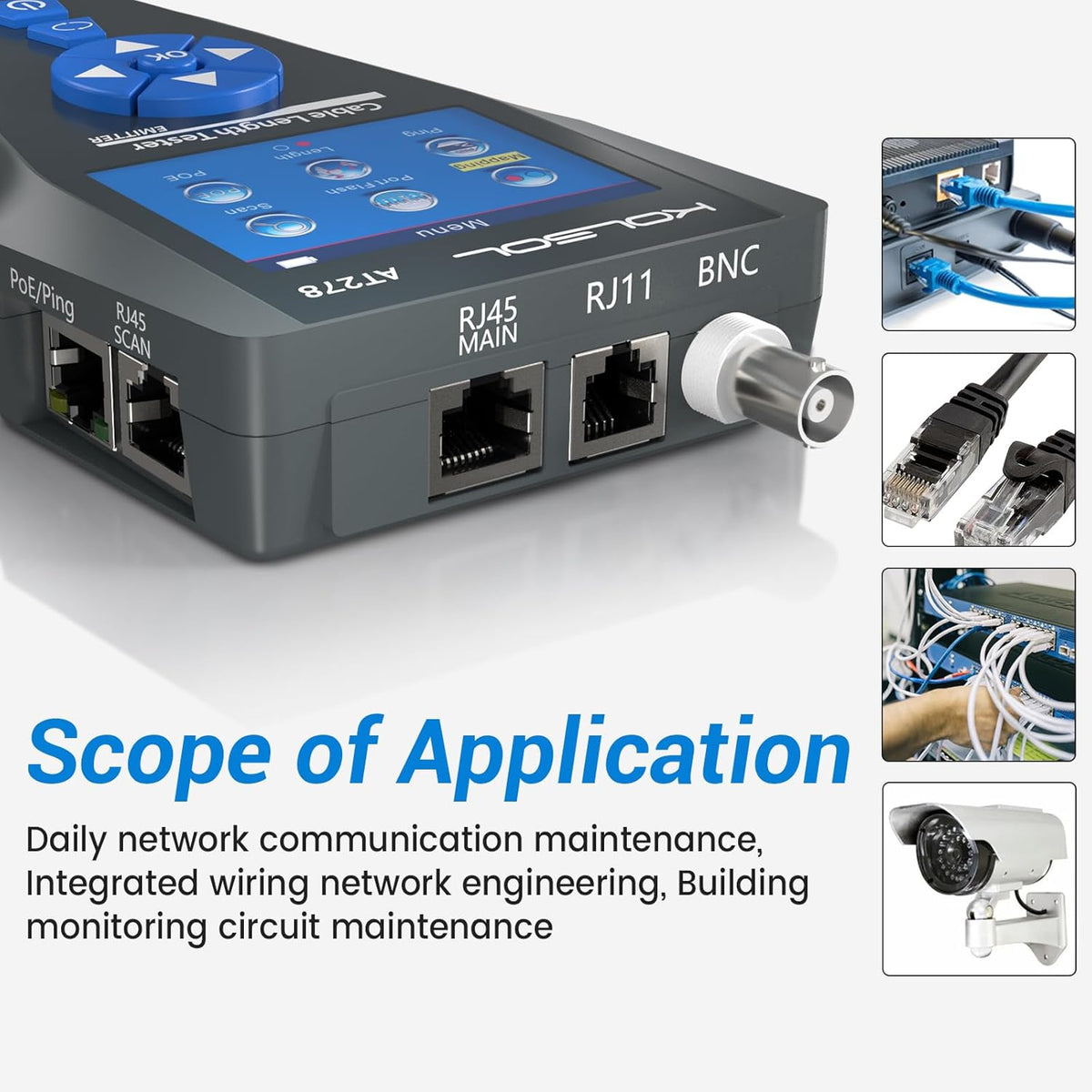 Netwerkkabeltester – Kabeltester – Kabeltracker – Kabelzoeker – Netwerkkabellocator – Voor RJ45, RJ11 en BNC – TDR Kabellengtemeting en PoE Detectie