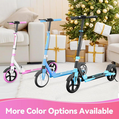 MEEGOO H007D Scooter met schijfrem en dubbele schokdempers, 200 mm PU-wielen ABEC-7 lagers, opvouwbare scooter voor volwassenen 18+, antislip deck - roze/wit/blauw