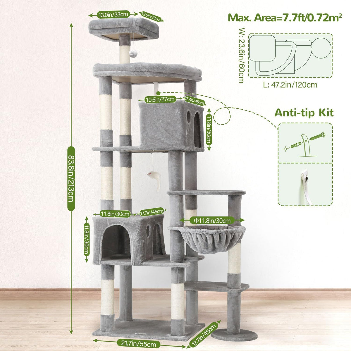Kattenboom XXL – Krabpaal – Kattentoren – Kattenhuis – Kattenmeubel – 213 cm Hoogte – Ruim Platform – Gevoerde Zitstang – Lichtgrijs