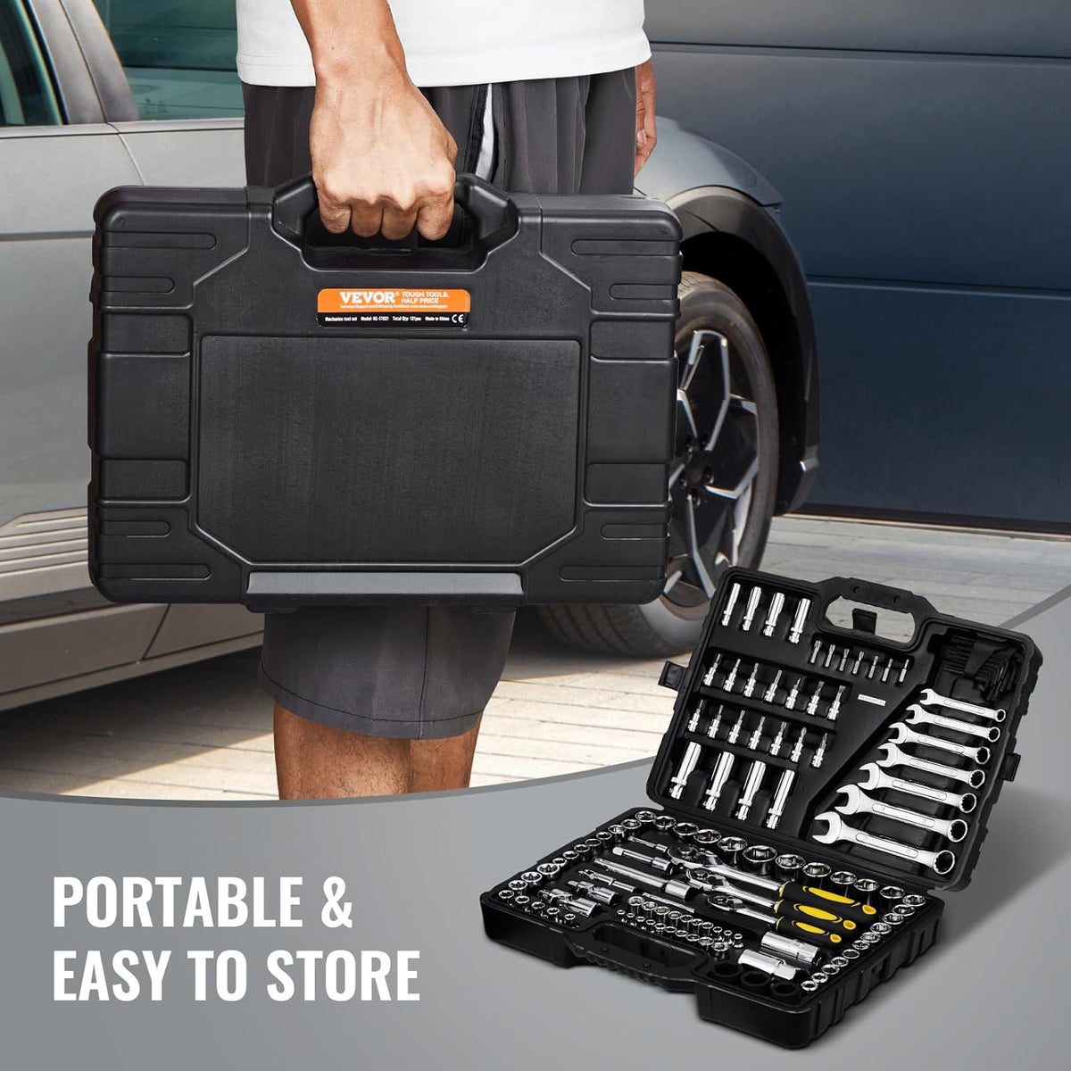 121 Piece Tool Set - Professional Mechanic Tool Kit with Bits, Ratchets, Wrenches &amp; Pliers - SAE &amp; Metric Sizes - Includes Storage Case - Black/Yellow