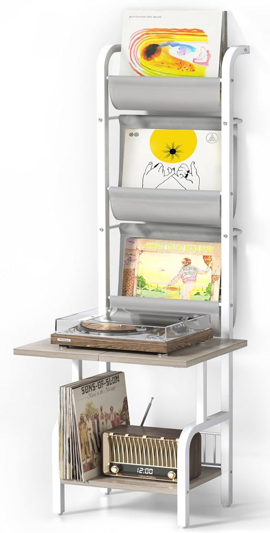 Platenopslag Standaard Met Platenspelerkast – Platenspelerstandaard, Draaitafelstandaard, Platenhouder, Displayplank – Wit – Tot 200 Platen – Extra Groot Bovenblad 50 X 39 Cm