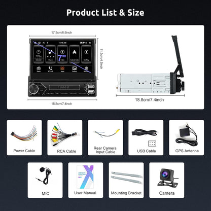 1 DIN Android Autoradio – Multimedia Speler – Car Stereo – Auto Radio – GPS Navigatie – Uitschuifbaar 7 Inch HD Touchscreen – Draadloze CarPlay & Android Auto – Inclusief Achteruitrijcamera