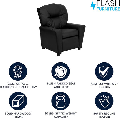 Flash Furniture Contemporary Kids Fauteuil met bekerhouder, leer, zwart ledersoft, set van 1