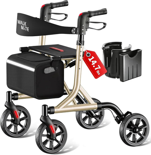 WALK MATE Rollator Lichtgewicht opvouwbare met zitting - Aluminium rollator smal voor woning, hoogteverstelbaar met duwknop, bekerhouder, loophulp voor ouderen (6,7 kg) (Goud)