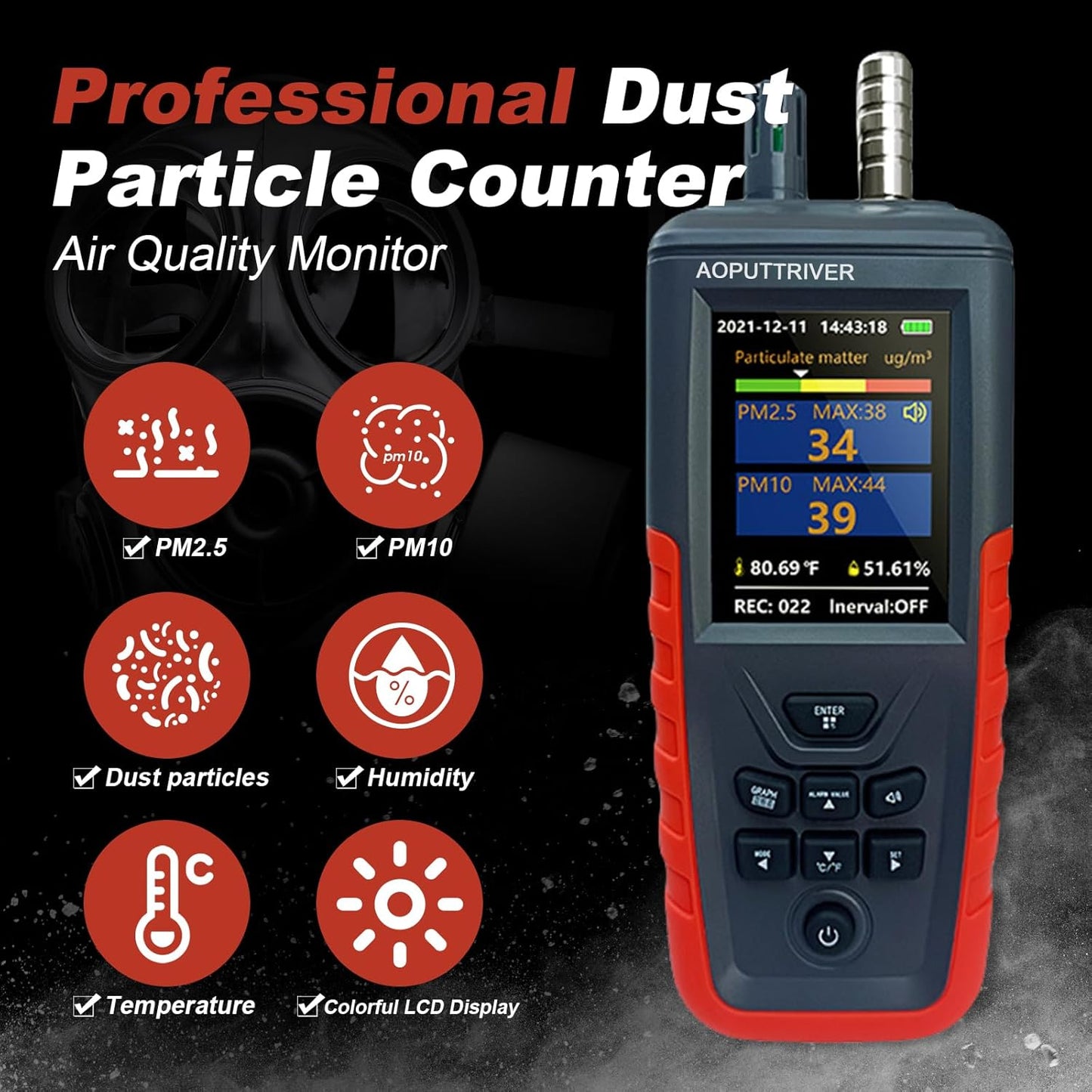 Luchtkwaliteitsmonitor, CO2-meter, deeltjesteller Home Air Quality tester met 6-kanaals PM0.3/0.5/1.0/2.5/5/10 om detectie met luchtvochtigheid, temperatuur, gegevensoverdracht/opslag
