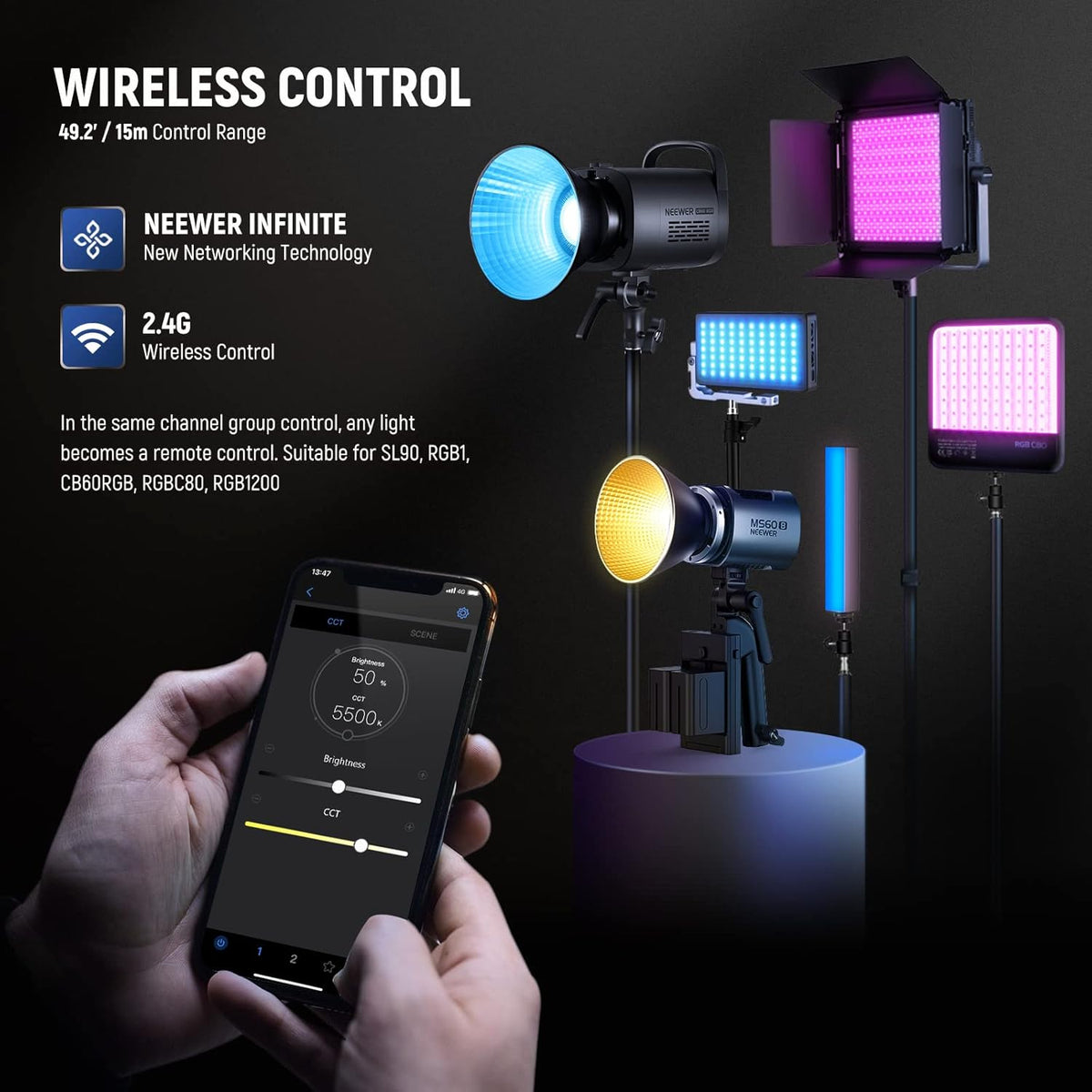 LED Videolamp – Videolicht – Studiolicht – Continu Licht – COB Lamp – 65W Bi-Color 2700K-6500K – 2,4G/App Besturing