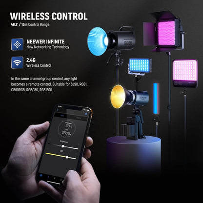LED Videolamp – Videolicht – Studiolicht – Continu Licht – COB Lamp – 65W Bi-Color 2700K-6500K – 2,4G/App Besturing