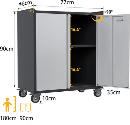 Gereedschapskast met wielen – Garagekast – Opbergkast – Werkplaatswagen – Metalen kast – 2 Deuren – Verstelbare Legplank