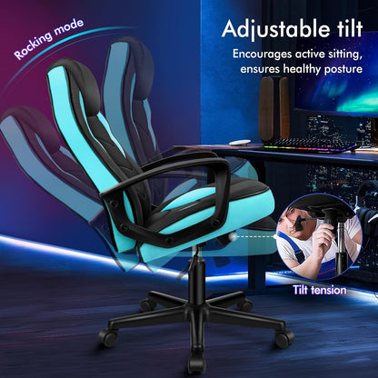 ALFORDSON Gamingstoel, PC-computer racestoel, ergonomische draaibare bureaustoel met wielen van PU-leer en stof voor thuisgebruik, cyaan