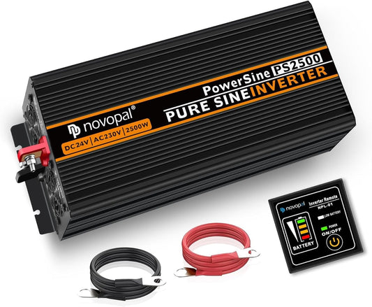 NOVOPAL 2500 W omvormer, zuivere sinus, DC 24 V naar AC 220 V/230 V, omvormer met lcd-display en afstandsbediening, piekvermogen 5000 W, spanningstransformator