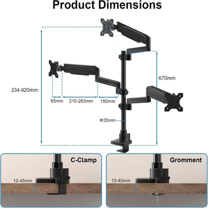 PUTORSEN Monitorhouder, 3 monitoren voor 17-32 inch beeldscherm, monitorhouder, 3 monitoren, in hoogte verstelbaar, met 9 kg per arm, 67 cm stang, zwenkbaar, kantelbaar, VESA 75/100 mm