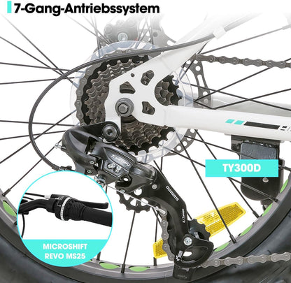 Hiland 20 inch kindermountainbike, 7 versnellingen, Fat Tires mountainbike, dubbele schijfremmen, kinderfiets voor jongens en meisjes, wit