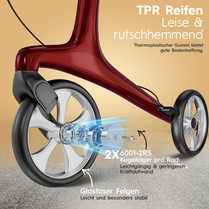 Carbon rollator inklapbaar lichtgewicht met zit, lichtgewicht reisrollator 5,5 kg, loophulp voor senioren 9-voudig in hoogte verstelbaar, inklapbare loopwagen, met tas & parapluhouder