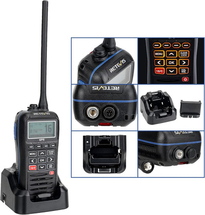 Retevis RM40 Marine radio, IP67 waterdicht, met DSC, GPS, draagbare zwevende radio, VHF Marine transceiver voor redding, kustwacht (zwart, 1 stuk)