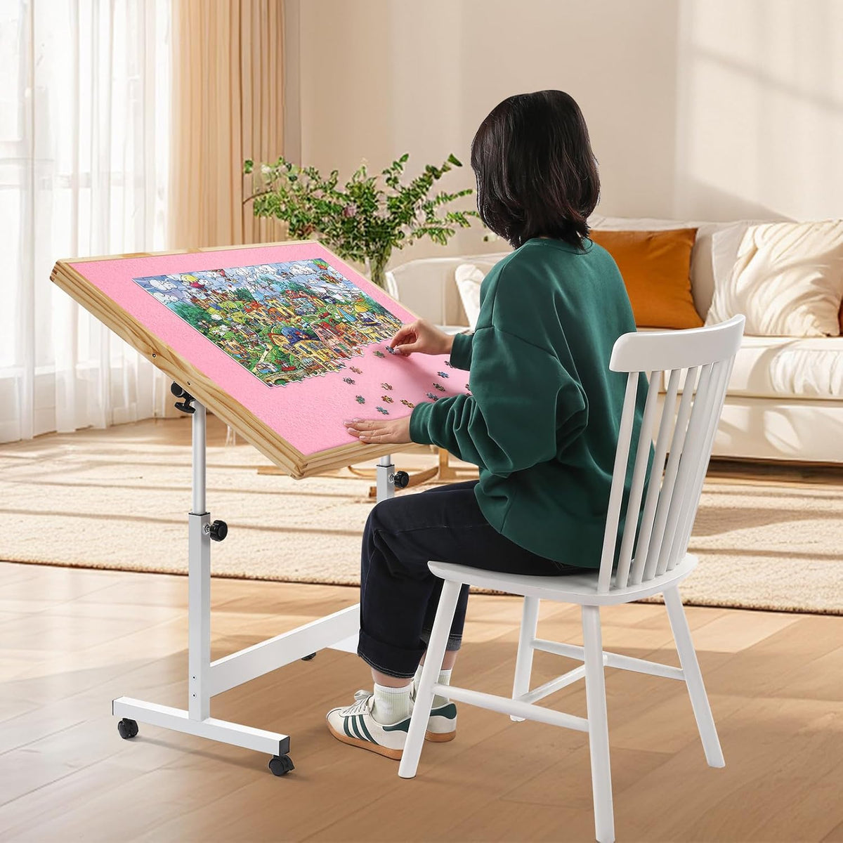 Jigsaw Puzzeltafel, puzzelplank 1500 delen, puzzelplank met kleurrijke laden en afdekmat, bordspel, puzzeltafel met vilten werkblad voor volwassenen (roze, geen laden)