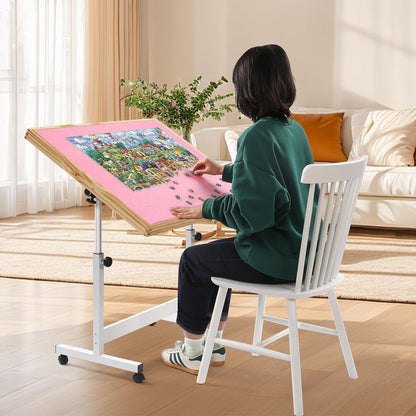 Jigsaw Puzzeltafel, puzzelplank 1500 delen, puzzelplank met kleurrijke laden en afdekmat, bordspel, puzzeltafel met vilten werkblad voor volwassenen (roze, geen laden)