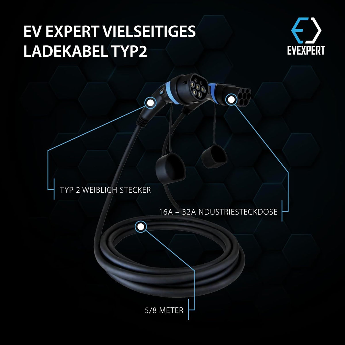 EV Expert Premium oplaadkabel type 2 | 32A | 1-3fase | 5-8 meter (1-fase / 5 meter)