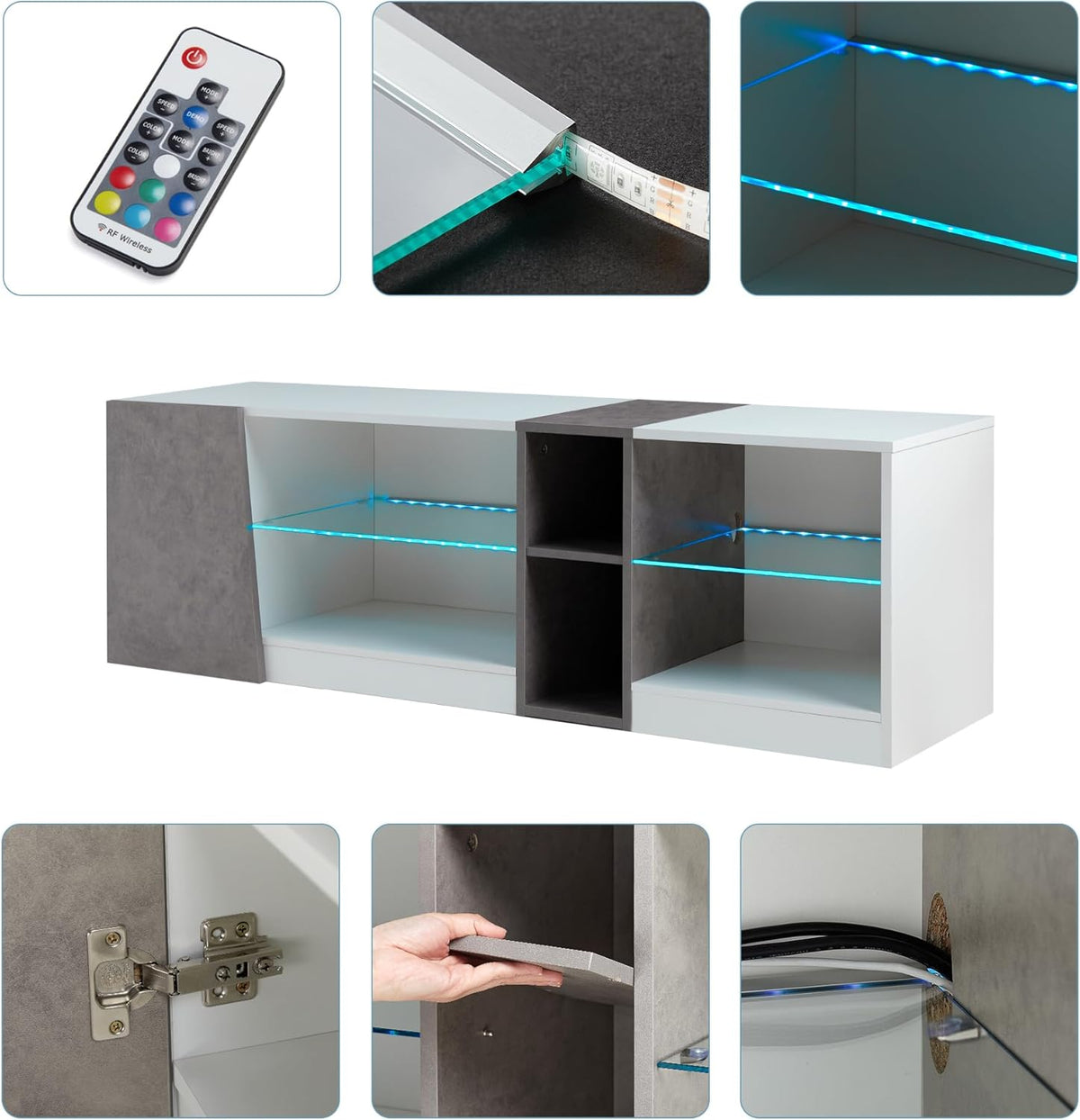 Mondeer TV-meubel, tv-meubel met ledverlichting, 5 open vakken en 1 deur, voor 55 inch tv's, voor woonkamer, slaapkamer, 140 x 45 x 37,5 cm (b x h x d), wit en grijs
