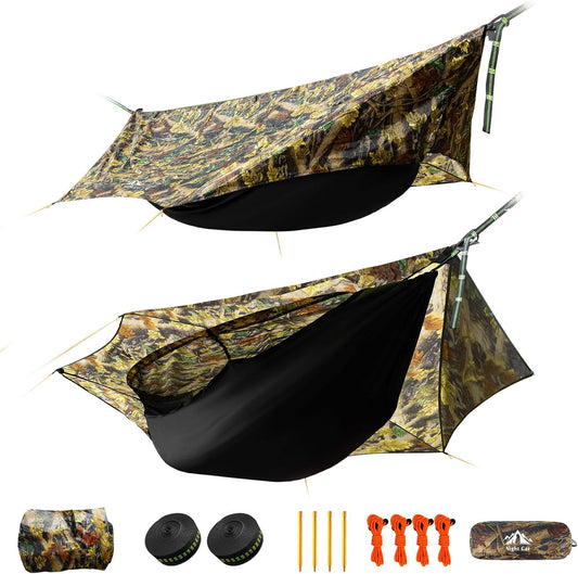 Night Cat Mosquito Net Hammock: One Piece Design Hammock with Tarpaulin, Lightweight, Portable for 1 Person, Camping, Hiking