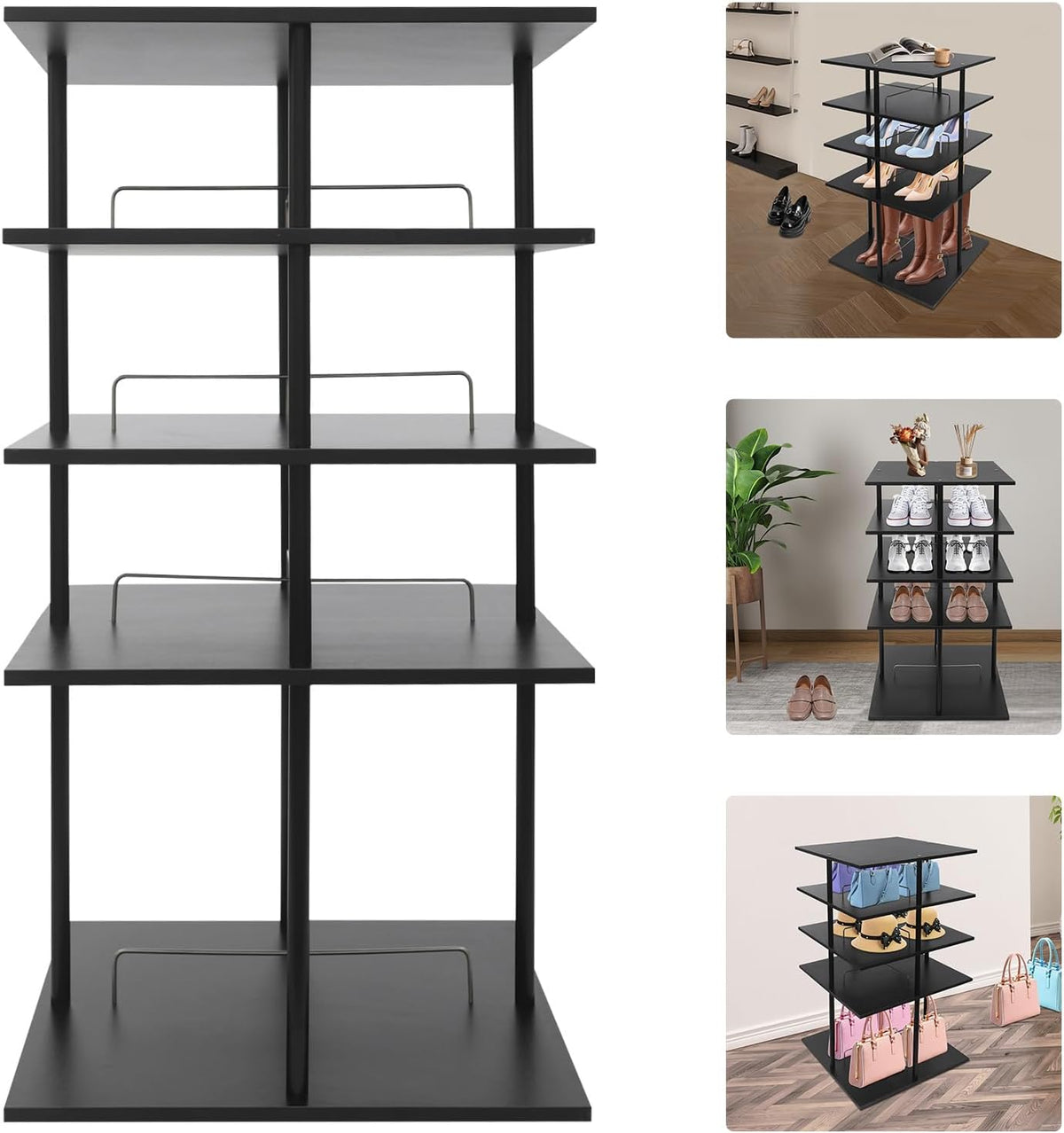 360° Floor Stand Rotating Shoe Organizer, Shoe Rack, Rotating Shoe Rack, Multi-layer Shoe Stand, Swivel for Placement, Shoes, Hats, Handbags etc. (4 Floors, Black) - QUORE