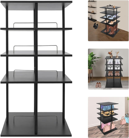 360° Floor Stand Rotating Shoe Organizer, Shoe Rack, Rotating Shoe Rack, Multi-layer Shoe Stand, Swivel for Placement, Shoes, Hats, Handbags etc. (4 Floors, Black) - QUORE