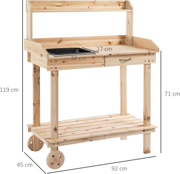 Oppottafel - Tuinwerktafel - Plantentafel -Tuinwerkbankje - met Schuiflade - 2 Niveaus - Bloementafel - voor Tuin - Sparrenhout - 92 x 45 x 119 cm - Natuurlijk Hout