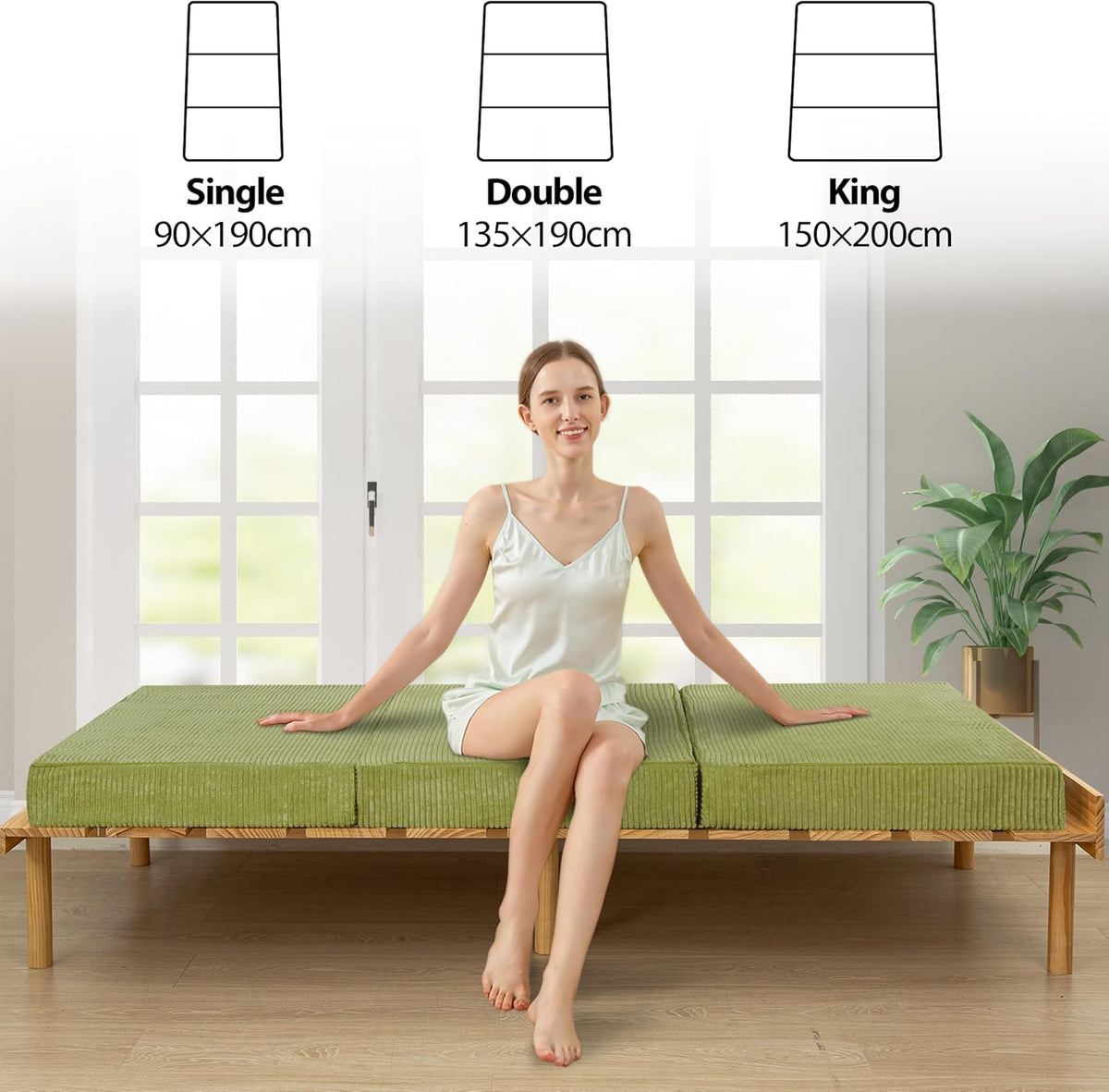 MAXYOYO Opvouwbare corduroy matras, drievoudig gevouwen vloermat, dik, met wasbare overtrek, ruimtebesparend voor gasten (olijf, 135 x 190 cm - 10 cm)