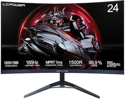 LC-Power 24 Inch FHD Gaming Monitor 165Hz 1920x1080, 1500R, FreeSync, G-SYNC COMPATIBE, HDR Ready, DP & HDMI,1ms, LC-M24-FHD-165-C-V2