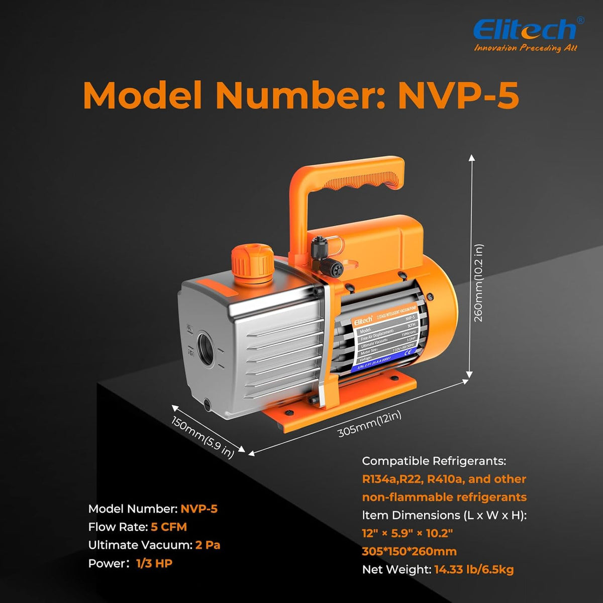 Elitech NVP-5 HLK Vacuum Pump 5CFM (8.5 m³/h), 2 l/S 1/3 HP (0.25 kW), Single Stage Rotary Vacuum Pump for HVAC and Cooling Systems, CE Certified, Industrial Quality, Sustainable and Low Maintenance - QUORE