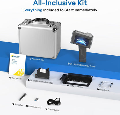 BENTSAI BT-HH6205B draagbare inkjetprinter met 16 uur looptijd voor het afdrukken van batchnummers datums, logo's, serienummers, barcodes en QR op zoals karton, hout, kunststof, metaal