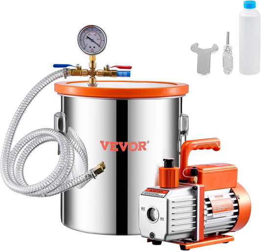 VEVOR 5 gallon vacuum chamber and 3.5 CFM pump kit, stainless steel chamber, single stage vacuum pump degassing chamber kit, with acrylic lid, oil, 1.5m hose, for degassing resin silicone epoxies
