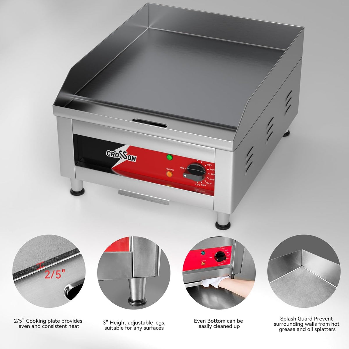 CROSSON Professionele Gastro Grillplaat 2500W,Elektrische Grill van Roestvrij Staal,Glad Oppervlak Kookoppervlak 40 x 40 cm,temperatuur 88-300 °C,voor restaurant en thuisgebruik
