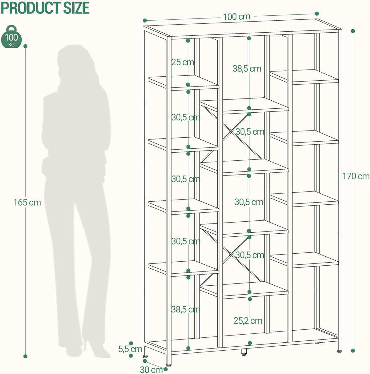 Hzuaneri Bookshelf, 6 Tier Bookcase with 15 Open Shelves, Adjustable Storage Cabinet for Living Room and Home Office, 30 x 100 x 170 cm, Black with Wood Grain BC15004B