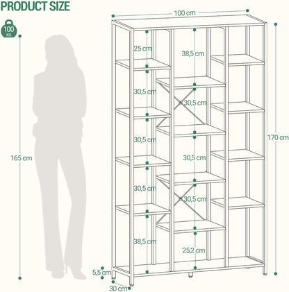 Hzuaneri Bookshelf, 6 Tier Bookcase with 15 Open Shelves, Adjustable Storage Cabinet for Living Room and Home Office, 30 x 100 x 170 cm, Black with Wood Grain BC15004B