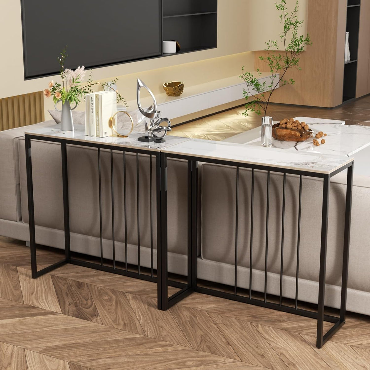 FATIVO Consoletafel van marmeren ingang: gladde gefrituurde stenen woonkamerconsoletafel 80 × 30 × 78,5 cm modern wit entree meubel, zwart frame, Scandinavisch design bankpunt – jade wit