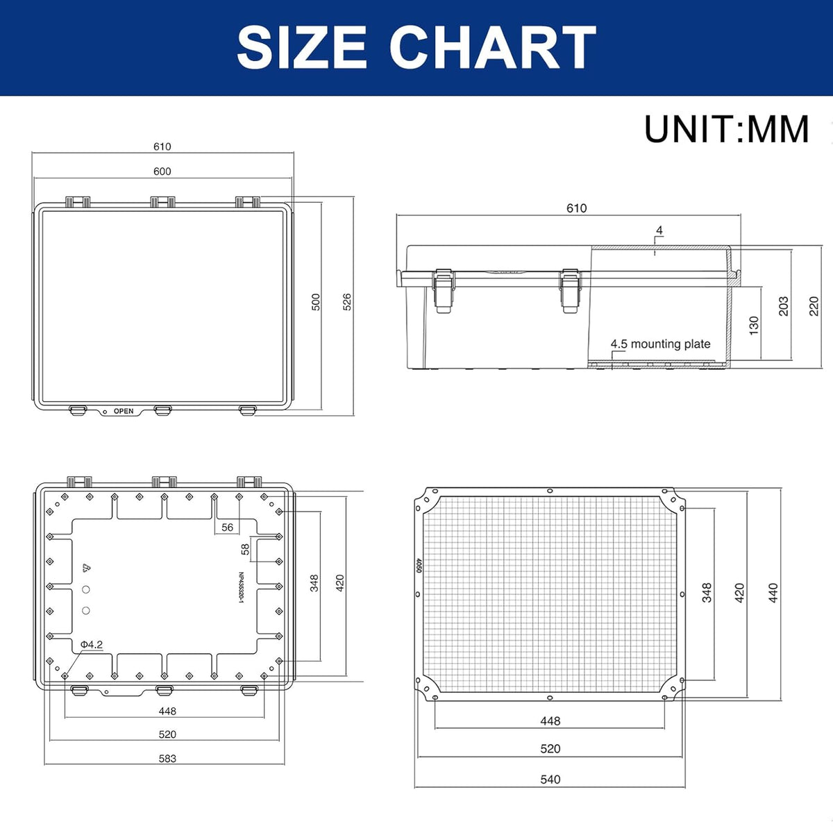 Verdelerkast opbouw, verdeelderkast, industriële behuizing, schakelkast, IP65, elektrische aansluitdoos, buitenverdelerkast, waterdicht, met slot, aansluitdoos 500 x 600 x 220 mm