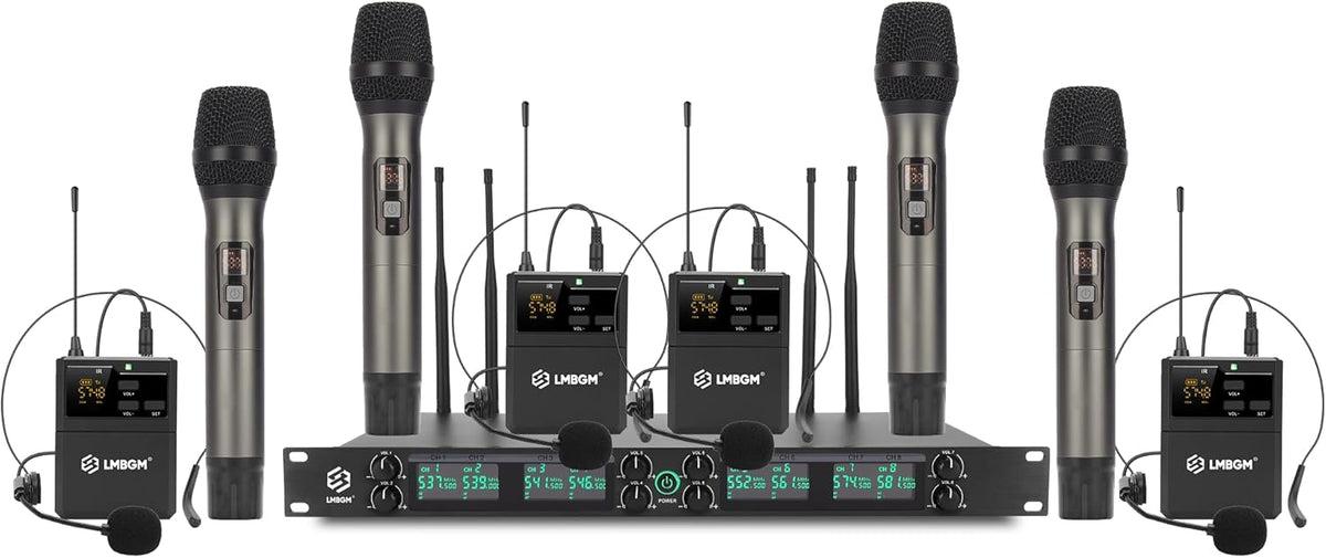 Draadloos Microfoonsysteem – Draadloze Microfoonset – UHF Microfoonset – Microfoonset Voor Podium – Microfoonset Voor Karaoke – 8-Kanaals Met 4 Handmicrofoons En 4 Bodypacks – 24-Bit/96 kHz Audio En <5 ms Vertraging