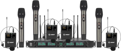 Draadloos Microfoonsysteem – Draadloze Microfoonset – UHF Microfoonset – Microfoonset Voor Podium – Microfoonset Voor Karaoke – 8-Kanaals Met 4 Handmicrofoons En 4 Bodypacks – 24-Bit/96 kHz Audio En <5 ms Vertraging