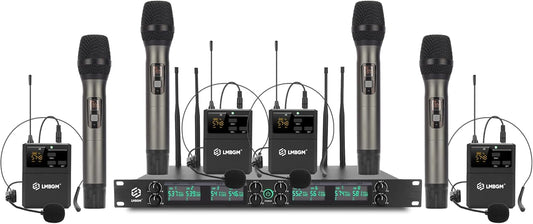 Draadloos Microfoonsysteem – Draadloze Microfoonset – UHF Microfoonset – Microfoonset Voor Podium – Microfoonset Voor Karaoke – 8-Kanaals Met 4 Handmicrofoons En 4 Bodypacks – 24-Bit/96 kHz Audio En <5 ms Vertraging