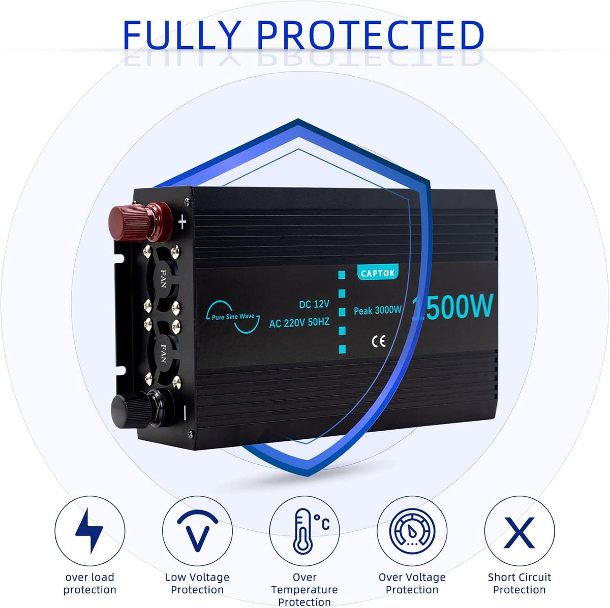 Spanningsomvormer, 1500 W/3000 W, zuivere sinusomvormer, DC 12 V naar AC 230 V, EU-stopcontact, dubbele lcd-digitale displayconverter