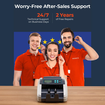 MUNBYN IMC51 geldtelmachine, add+batch/value-modus bankbiljettenteller, UV/MG/IR/MT-detectie, alleen EUR-geldteller, 1100 vellen/min, LCD-display, 2 jaar garantie, grijs, kan gemengde noten niet